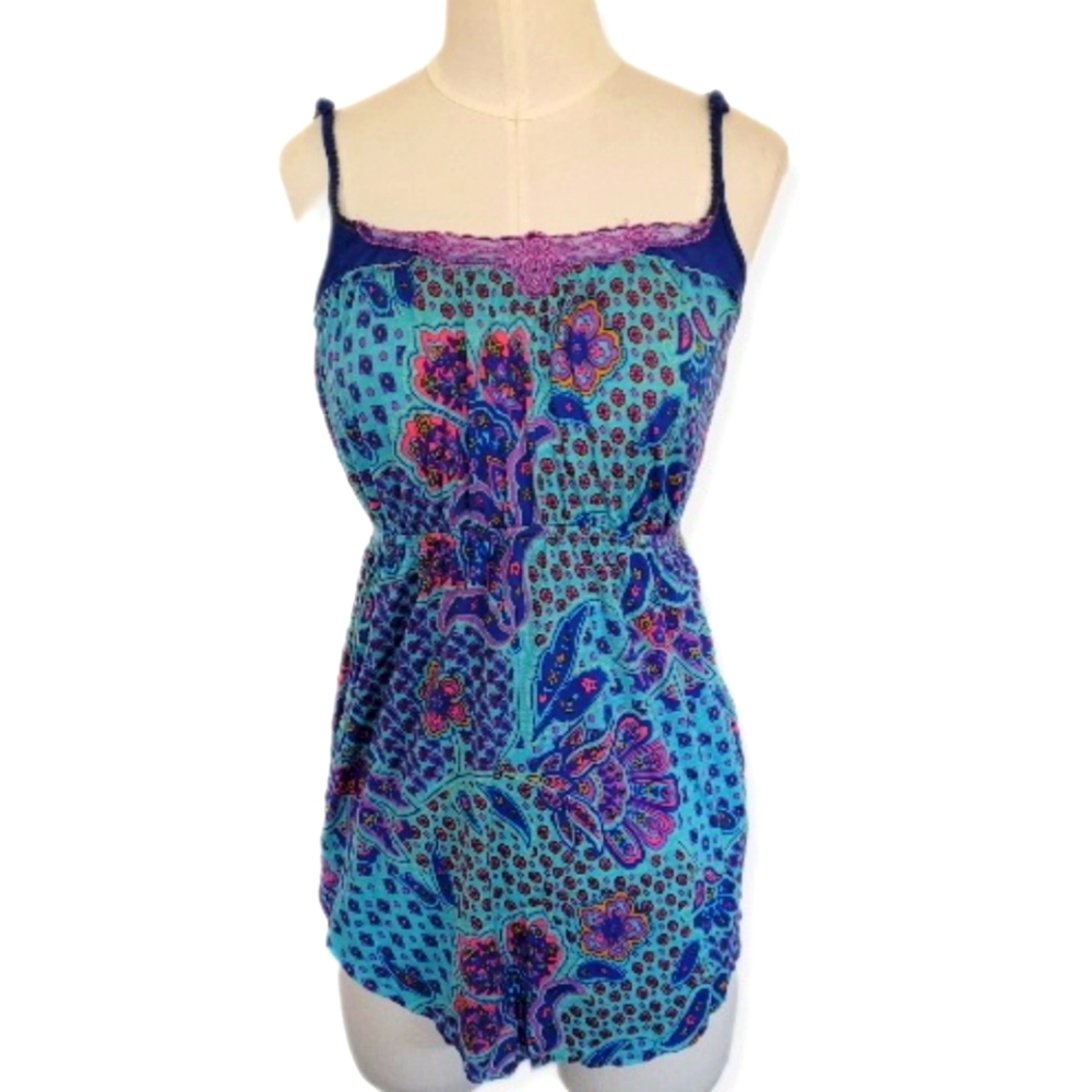 Free People Blouse Blue Multicolor Floral Sleeveless Lace Detail Babydol…